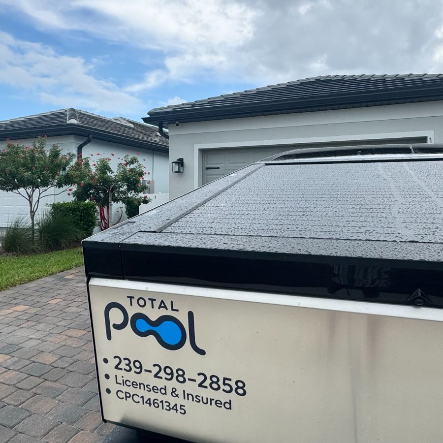 Total Pool Services logo, phone and license on the Cybertruck